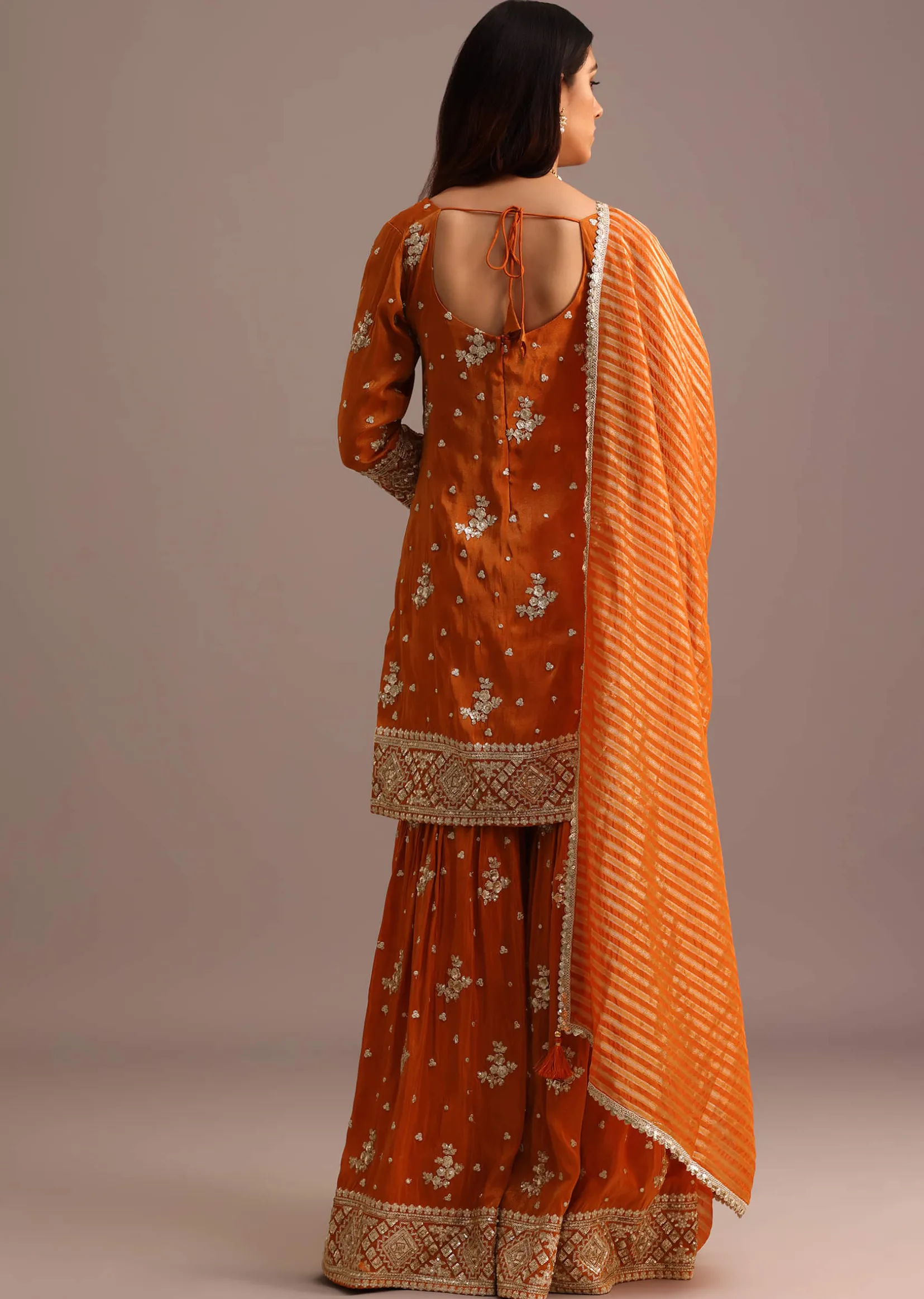 Orange Sequins Kurti Sharara Set With Chanderi Banarasi Dupatta