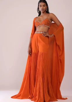 Orange Sharara And Embroidered Blouse Set With Floor Length Shrug In Crepe