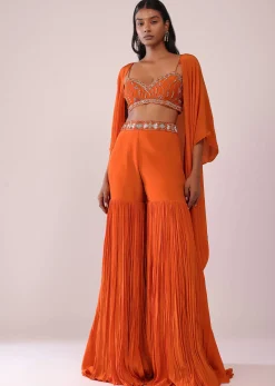Orange Sharara And Embroidered Blouse Set With Floor Length Shrug In Crepe