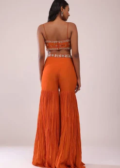 Orange Sharara And Embroidered Blouse Set With Floor Length Shrug In Crepe