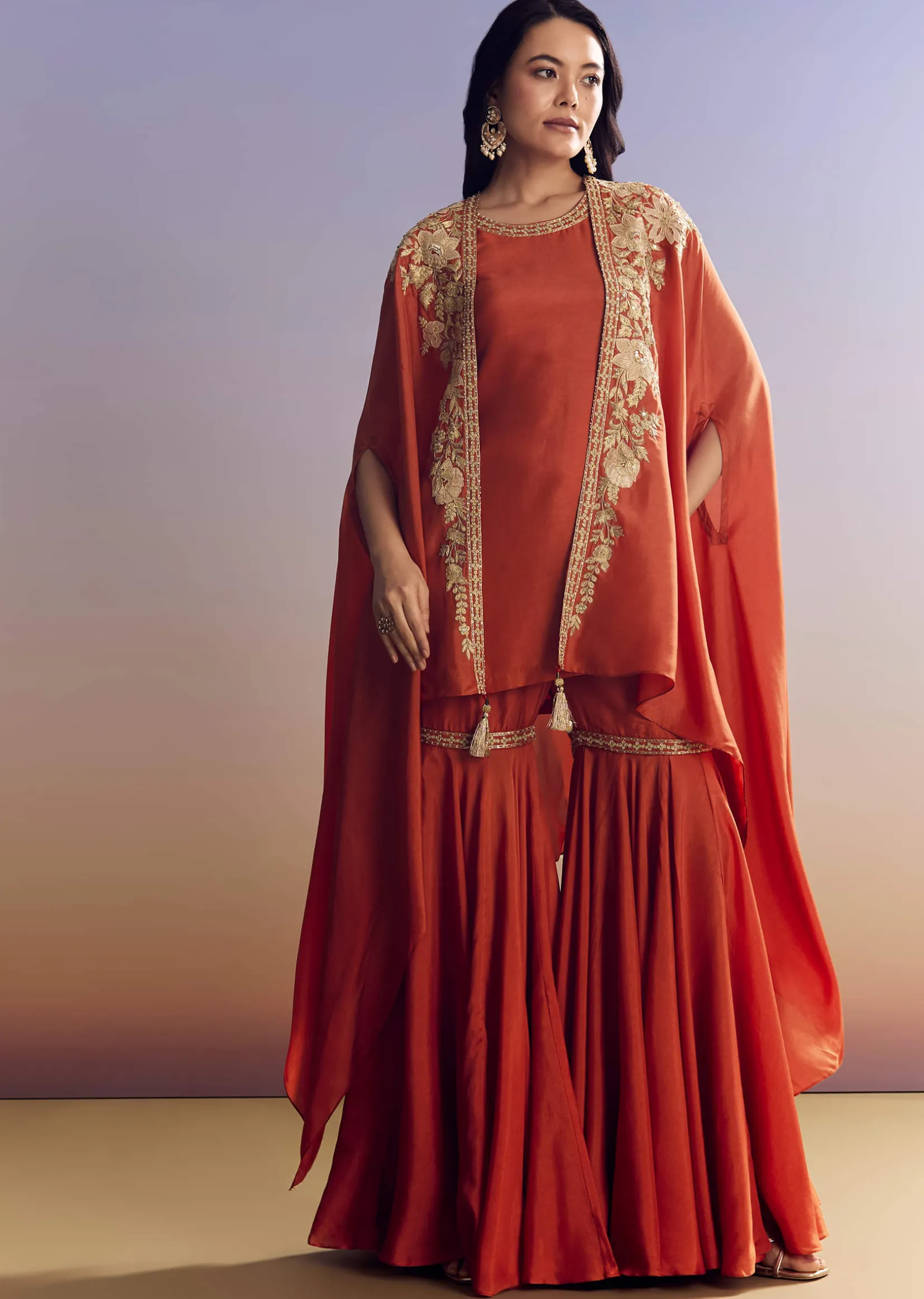 Orange Sharara With Zari Cape