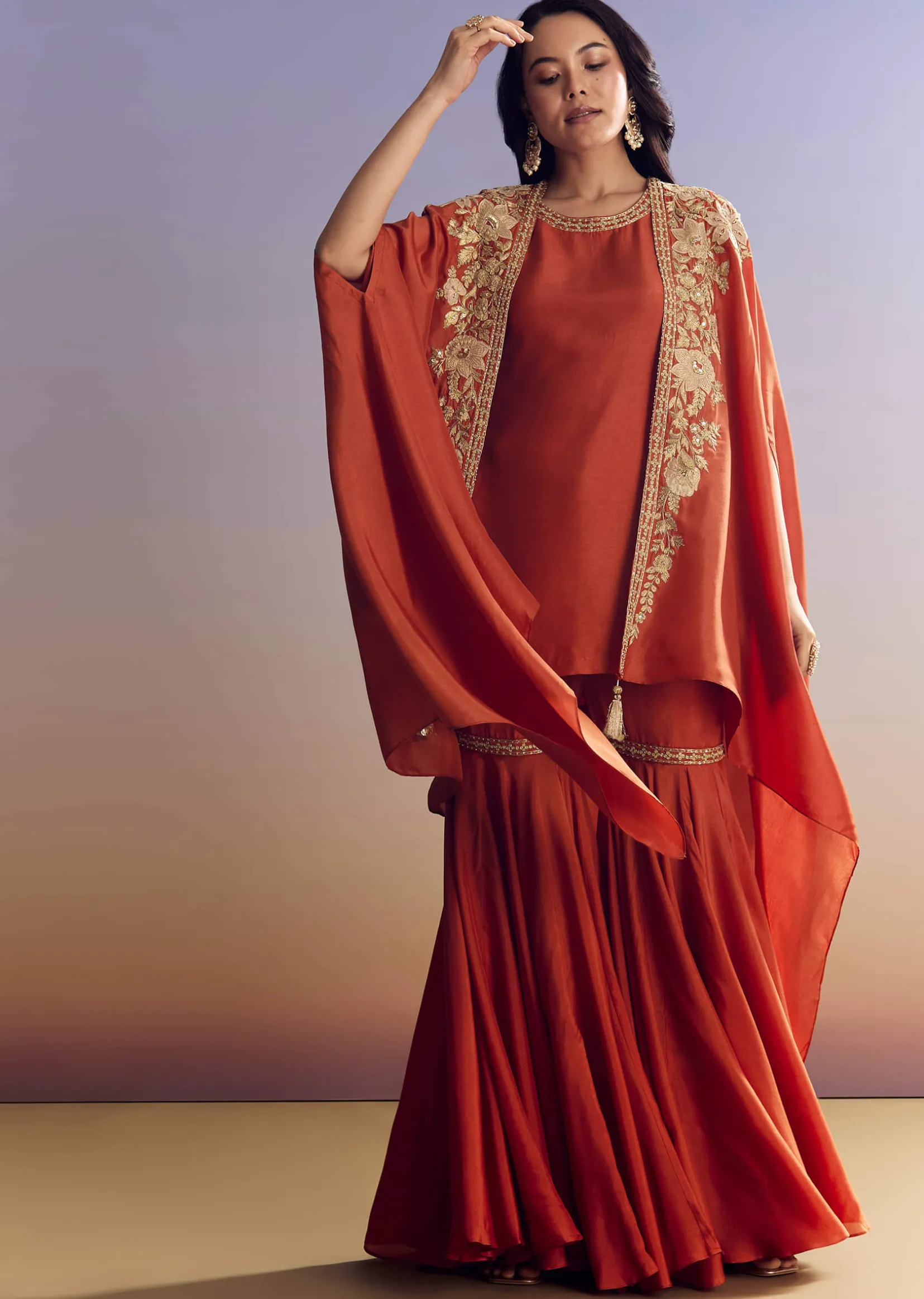Orange Sharara With Zari Cape