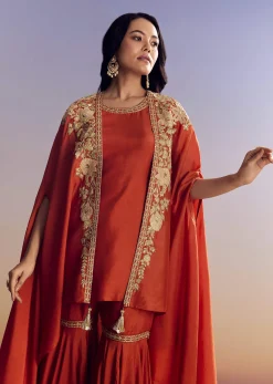 Orange Sharara With Zari Cape