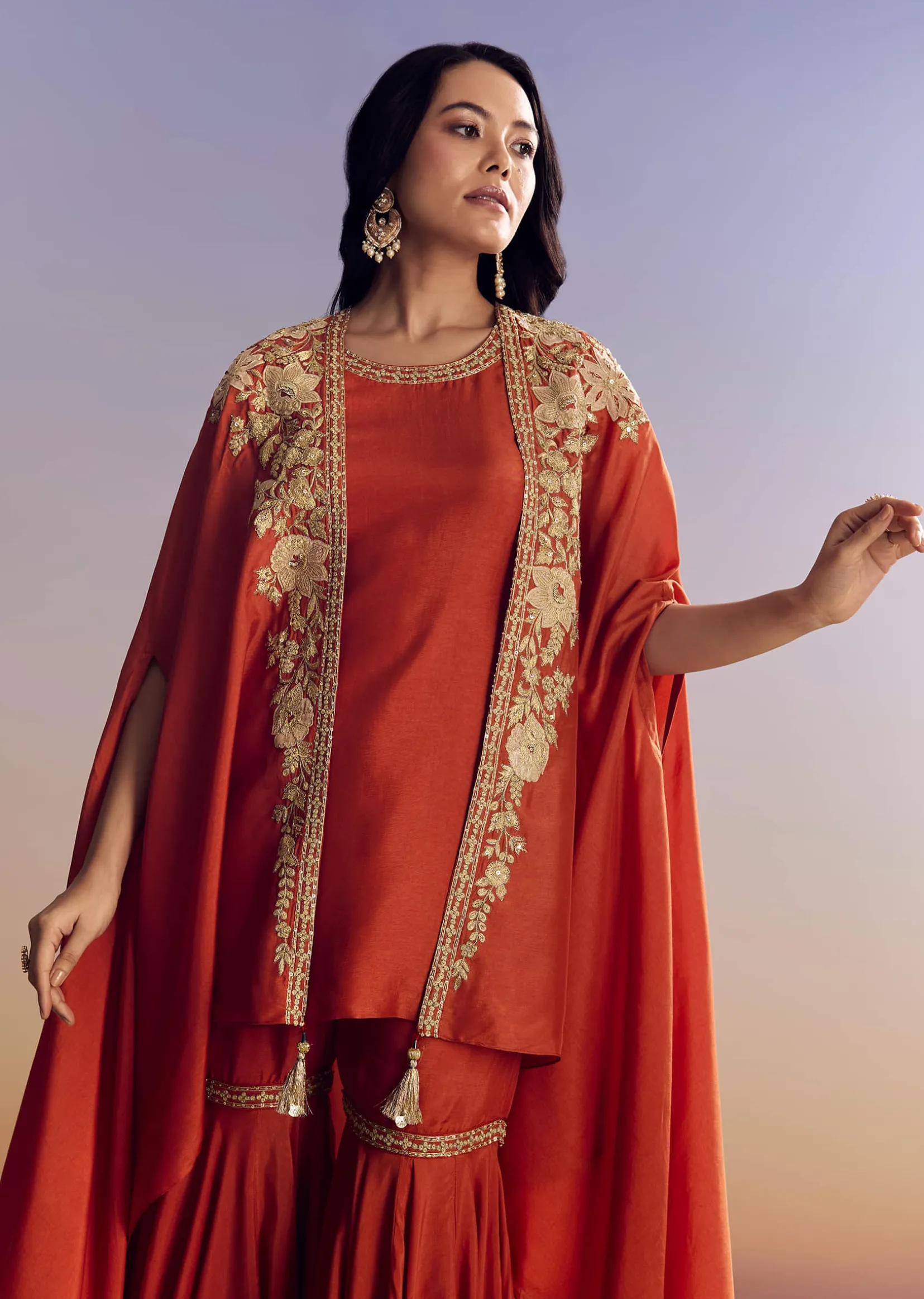 Orange Sharara With Zari Cape