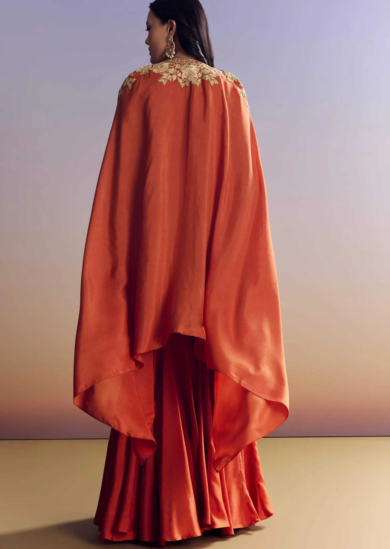 Orange Sharara With Zari Cape