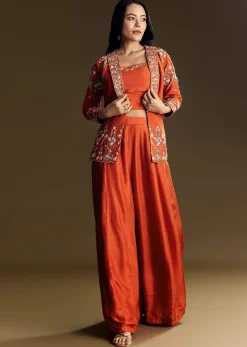 Orange Silk Crop Top Set With Thread And Sequin Jacket