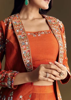 Orange Silk Crop Top Set With Thread And Sequin Jacket