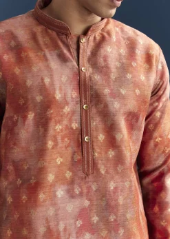 Orange Silk Kurta Set For Men With Abstract And Foil Print