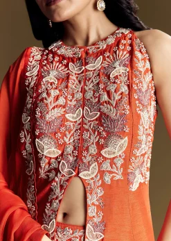 Orange Silk Palazzo Suit With Moti And Cut Dana Work