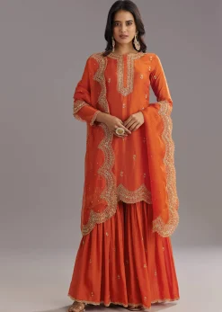 Orange Silk Sharara Set With Cut Dana and Sequins Work and Organza Dupatta