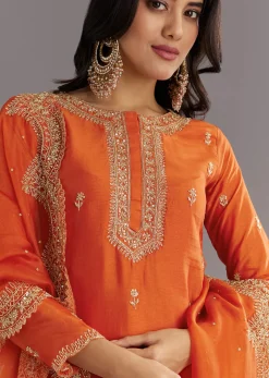 Orange Silk Sharara Set With Cut Dana and Sequins Work and Organza Dupatta