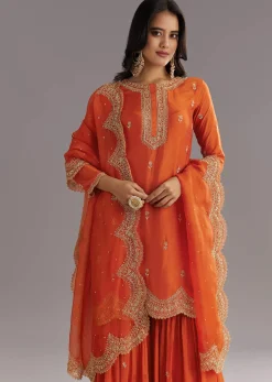 Orange Silk Sharara Set With Cut Dana and Sequins Work and Organza Dupatta