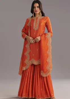 Orange Silk Sharara Set With Cut Dana and Sequins Work and Organza Dupatta