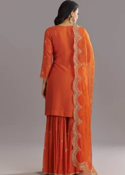 Orange Silk Sharara Set With Cut Dana and Sequins Work and Organza Dupatta