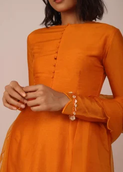 Orange Suit Set In Art Silk Adorned With Tassels