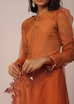 Orange Suit Set In Art Silk With Tassles On The Sleeves And Dupatta