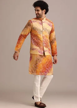 Orange Tie Dye Jacket Kurta And Jacket Set With Mirror Work