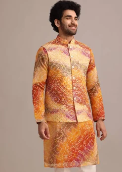 Orange Tie Dye Jacket Kurta And Jacket Set With Mirror Work