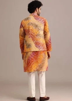 Orange Tie Dye Jacket Kurta And Jacket Set With Mirror Work
