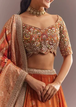 Orange Tissue Butti Embroidered Lehenga Choli And Woven Dupatta