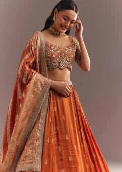Orange Tissue Butti Embroidered Lehenga Choli And Woven Dupatta