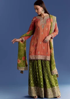 Orange Tissue Kurta Set With Zari Palazzo And Floral Dupatta