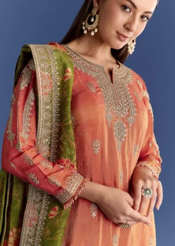 Orange Tissue Kurta Set With Zari Palazzo And Floral Dupatta
