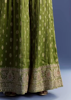 Orange Tissue Kurta Set With Zari Palazzo And Floral Dupatta