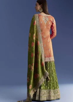 Orange Tissue Kurta Set With Zari Palazzo And Floral Dupatta