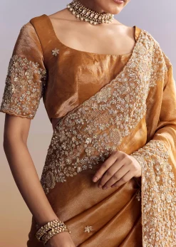Orange Tissue Saree With Unstitched Heavy Embroidered Border