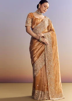 Orange Tissue Saree With Unstitched Heavy Embroidered Border