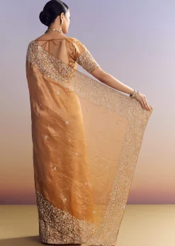Orange Tissue Saree With Unstitched Heavy Embroidered Border