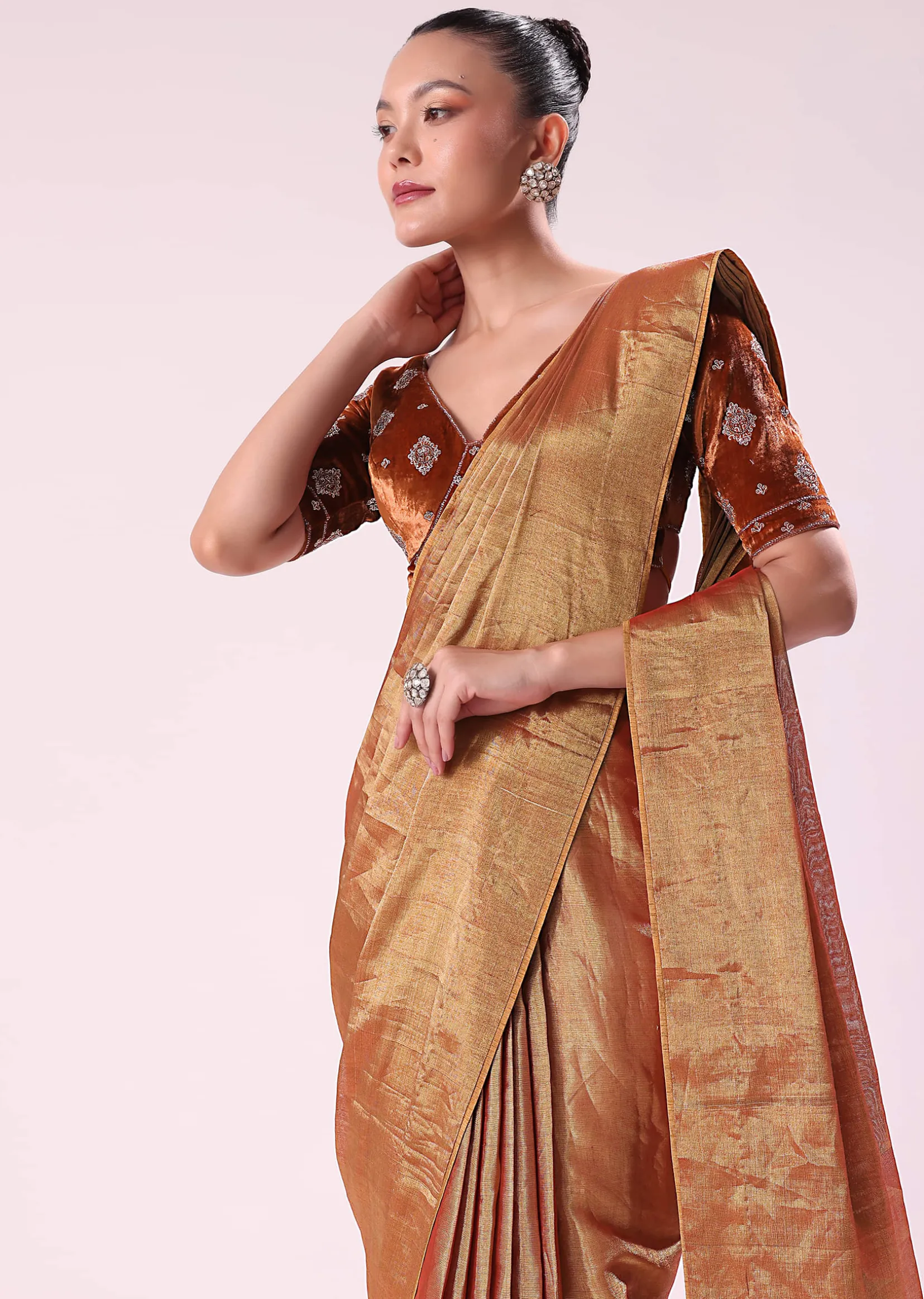 Orange Tissue Saree With Embroidered Rust Orange Stitched Blouse