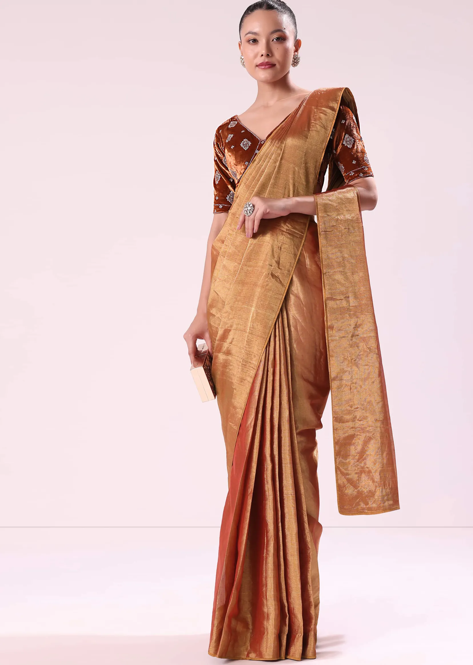 Orange Tissue Saree With Embroidered Rust Orange Stitched Blouse