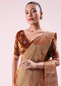 Orange Tissue Saree With Embroidered Rust Orange Stitched Blouse
