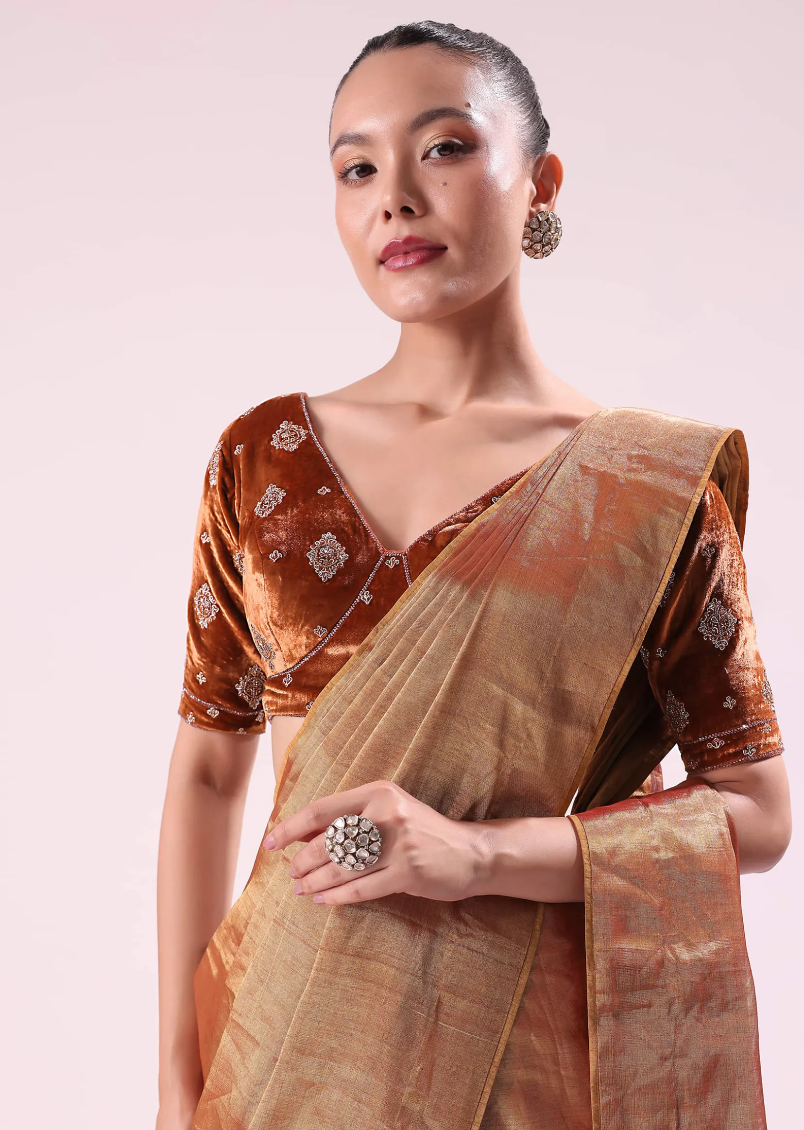 Orange Tissue Saree With Embroidered Rust Orange Stitched Blouse