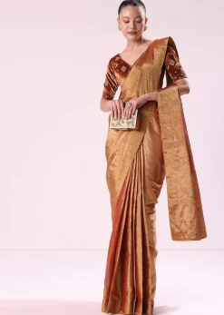 Orange Tissue Saree With Embroidered Rust Orange Stitched Blouse