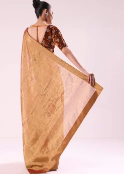 Orange Tissue Saree With Embroidered Rust Orange Stitched Blouse