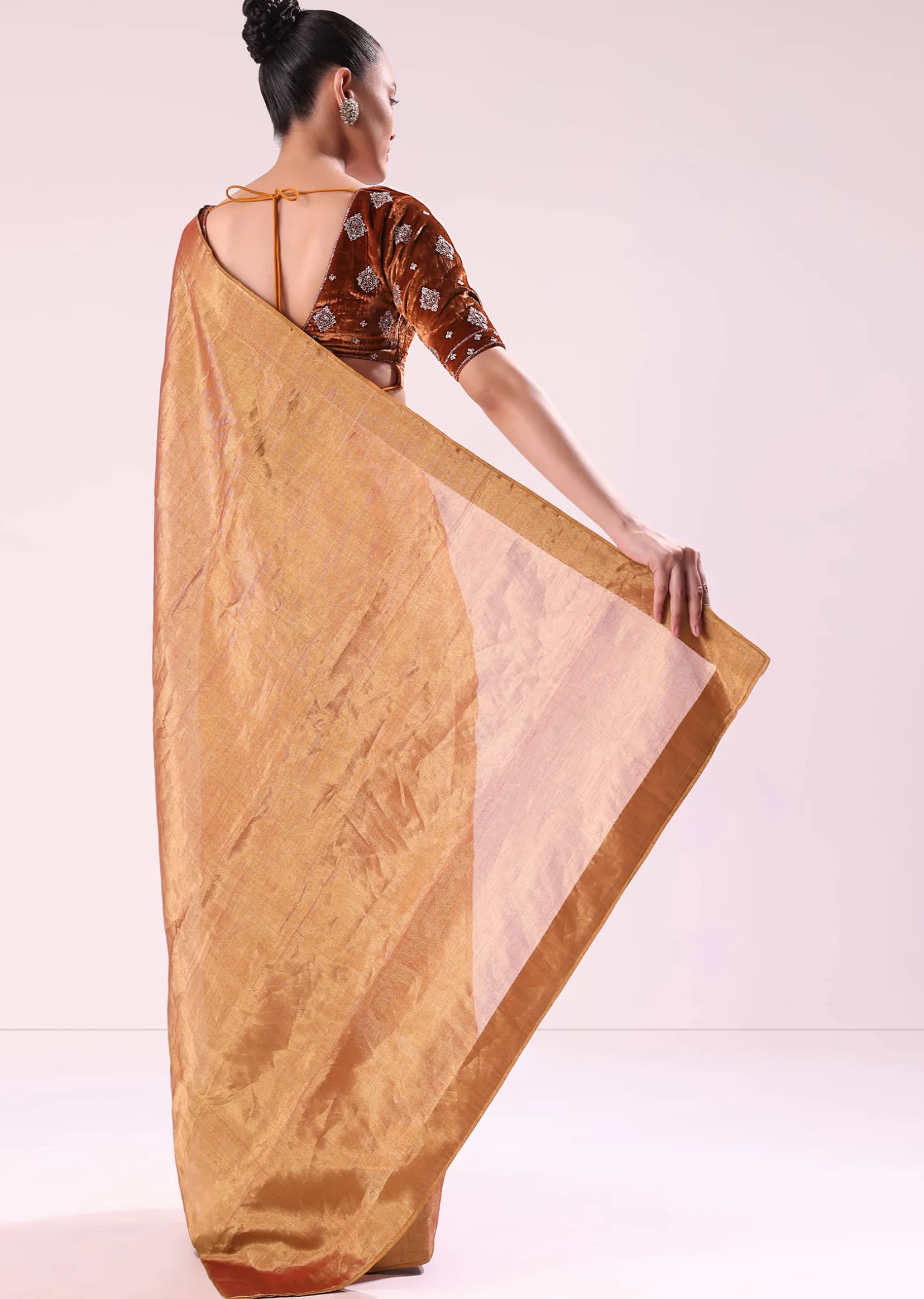 Orange Tissue Saree With Embroidered Rust Orange Stitched Blouse