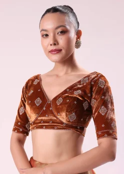 Orange Tissue Saree With Embroidered Rust Orange Stitched Blouse
