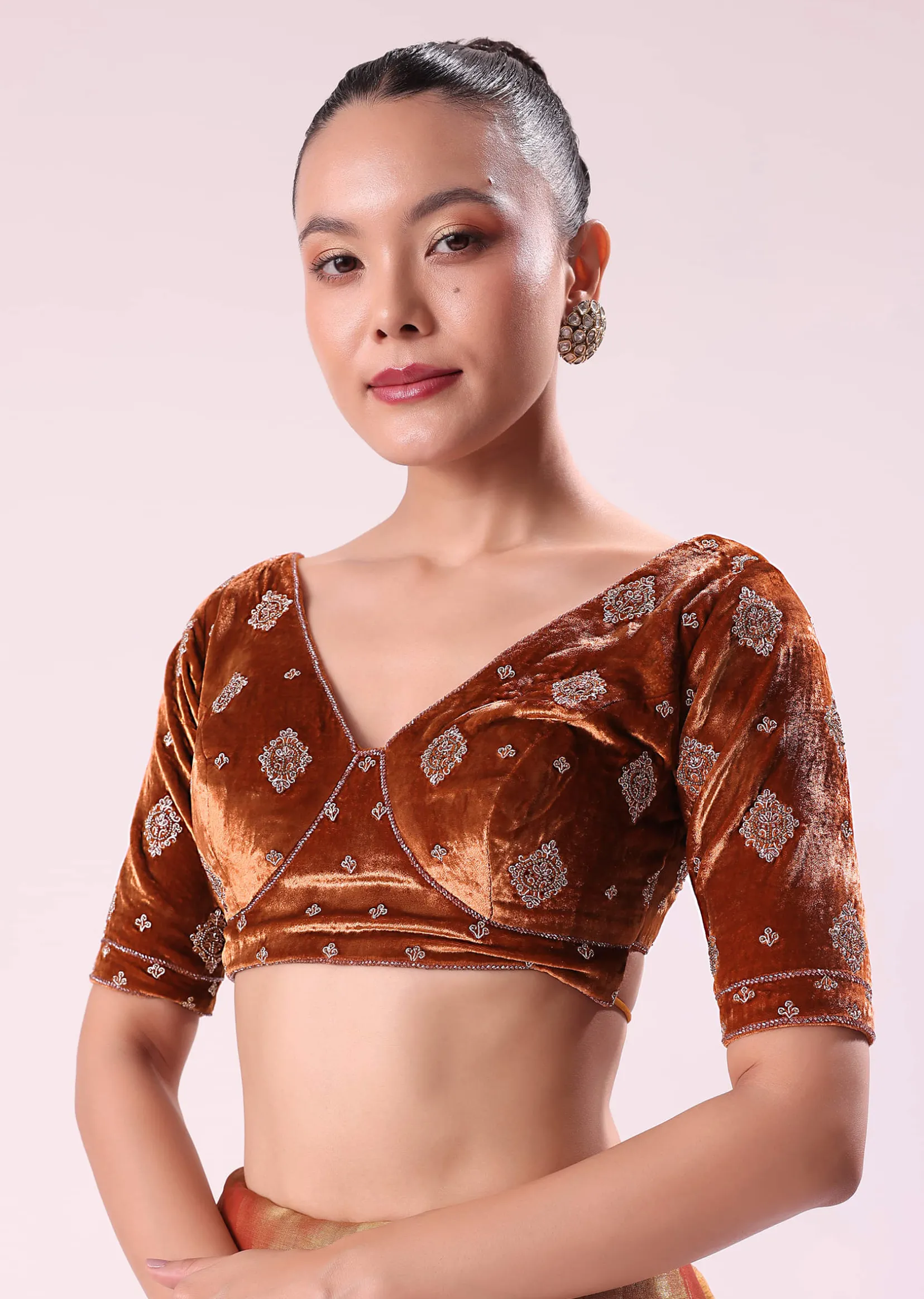 Orange Tissue Saree With Embroidered Rust Orange Stitched Blouse