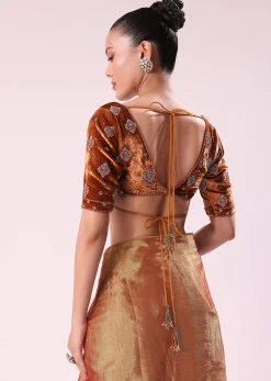 Orange Tissue Saree With Embroidered Rust Orange Stitched Blouse