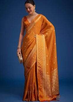Orange Tissue Silk Saree With Zari Border And Butti Work