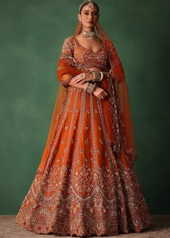 Orange Tussar Zardosi Embroidered Lehenga With Blouse And Dupatta