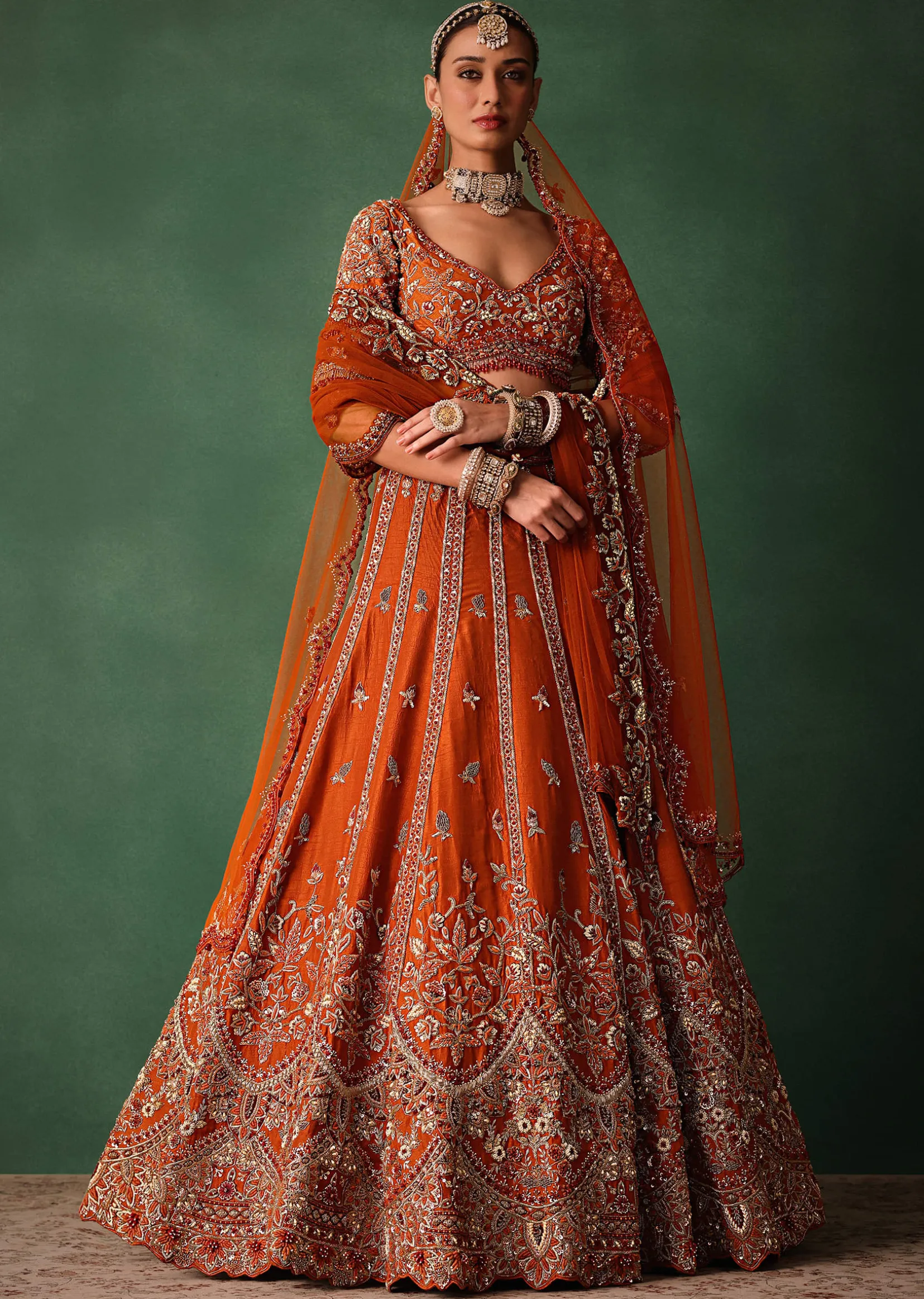 Orange Tussar Zardosi Embroidered Lehenga With Blouse And Dupatta