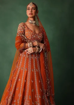Orange Tussar Zardosi Embroidered Lehenga With Blouse And Dupatta