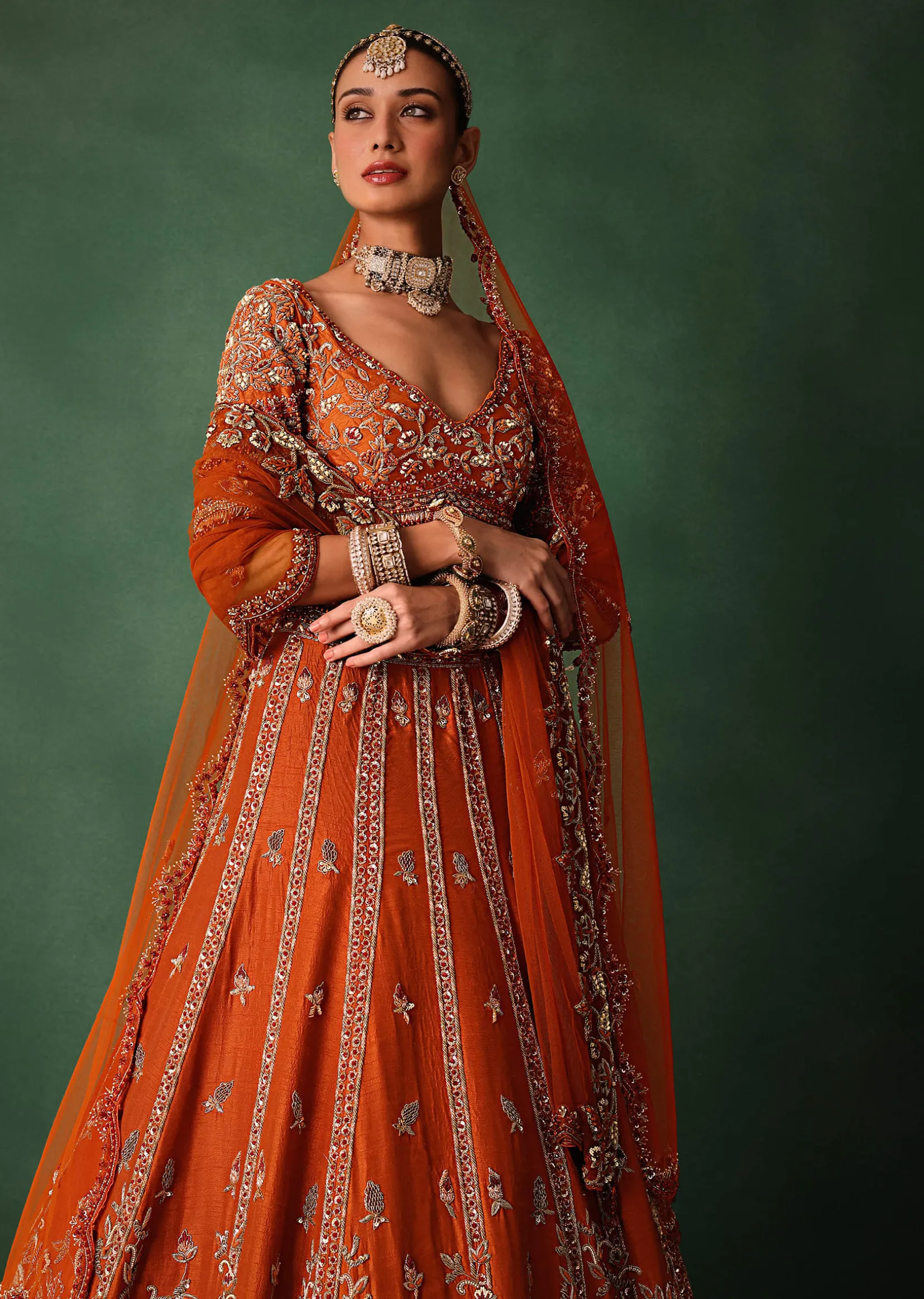 Orange Tussar Zardosi Embroidered Lehenga With Blouse And Dupatta