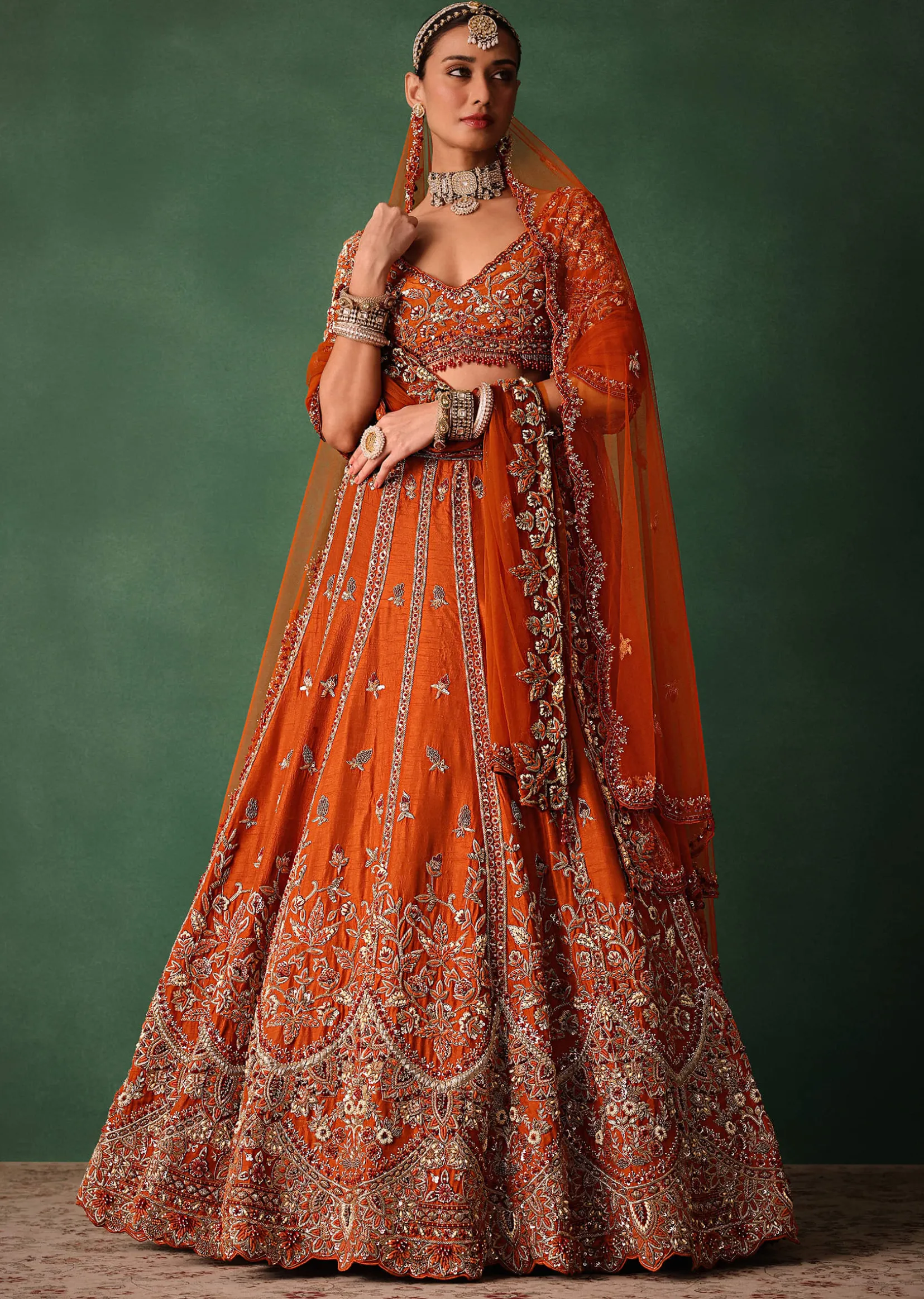 Orange Tussar Zardosi Embroidered Lehenga With Blouse And Dupatta