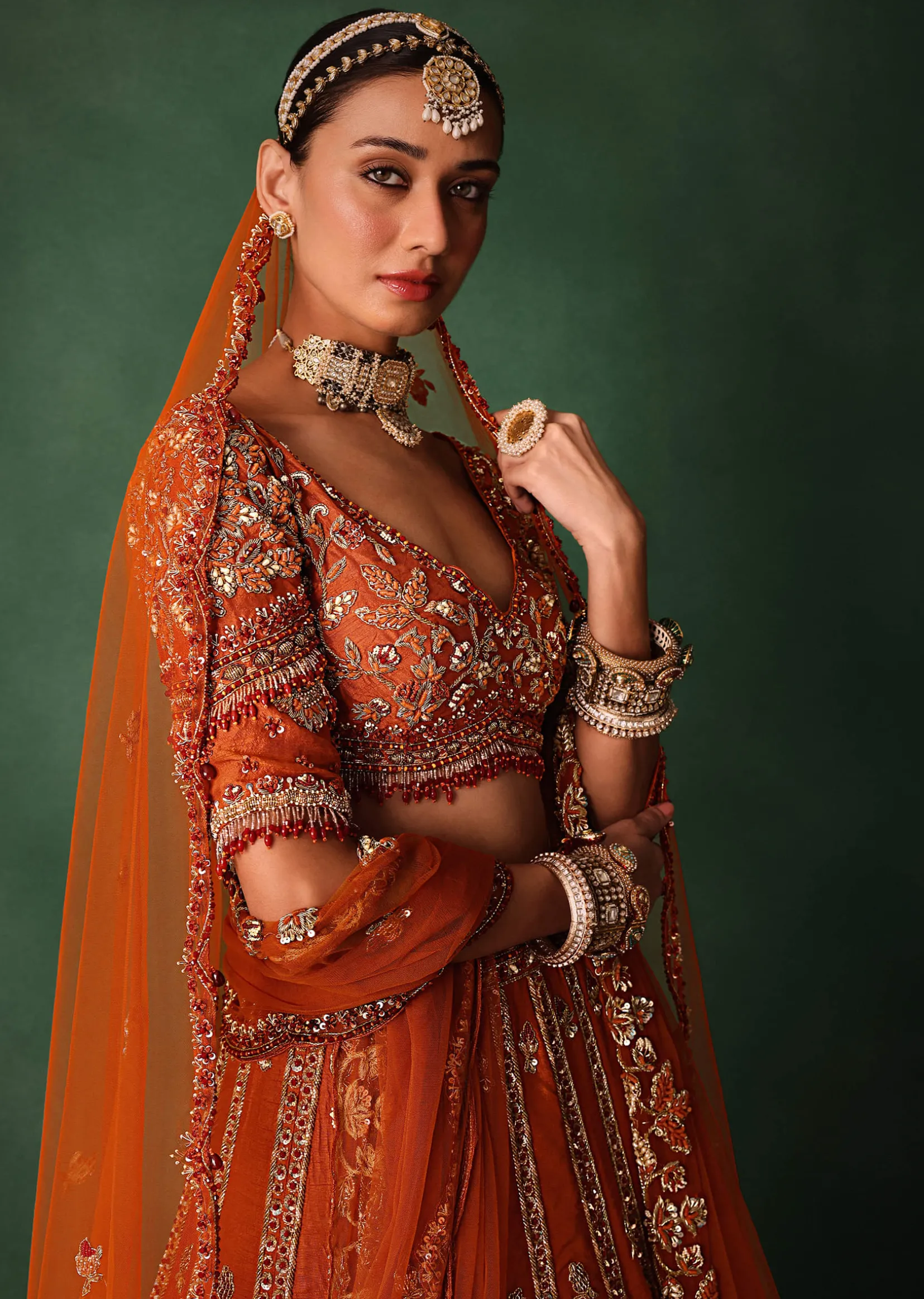 Orange Tussar Zardosi Embroidered Lehenga With Blouse And Dupatta