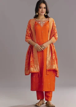 Orange Viscose Silk Kurta Set With Moti Beads and Cut Dana Detailing